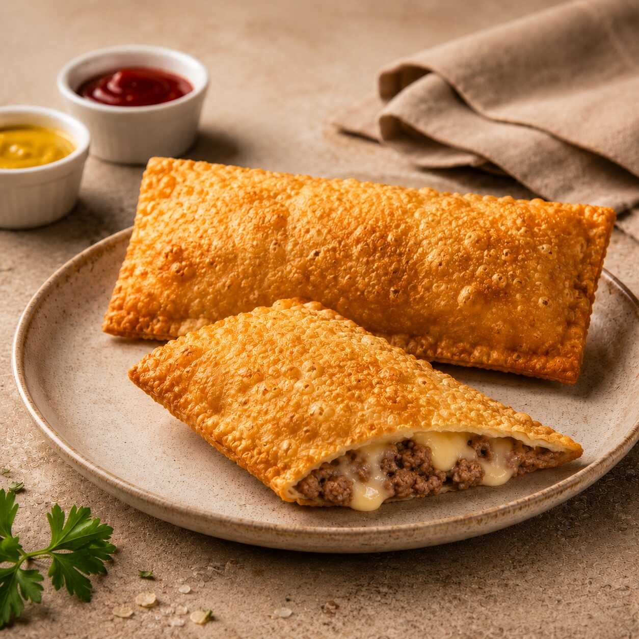 A união da carne bem temperada com o queijo é um dos sabores mais pedidos da casa. Um pastel forte, clássico e muito saboroso.