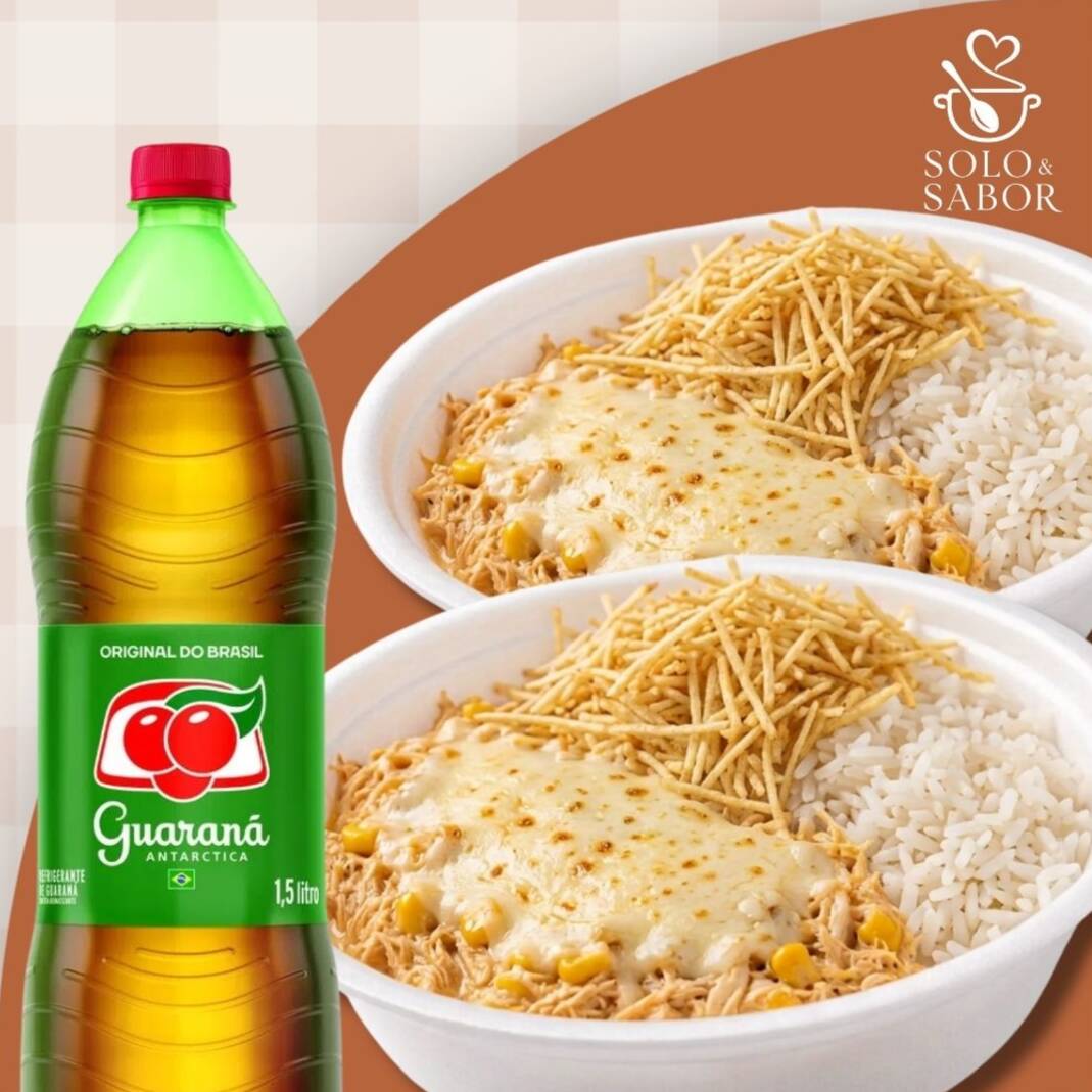 Combo para compartilhar, com 2 marmitas grandes de fricassê de frango (aprox. 550g cada uma) + 1 Refrigerante de 1,5L. Obs.: pode haver variação no tipo de embalagem, porém a quantidade sempre será honrada.