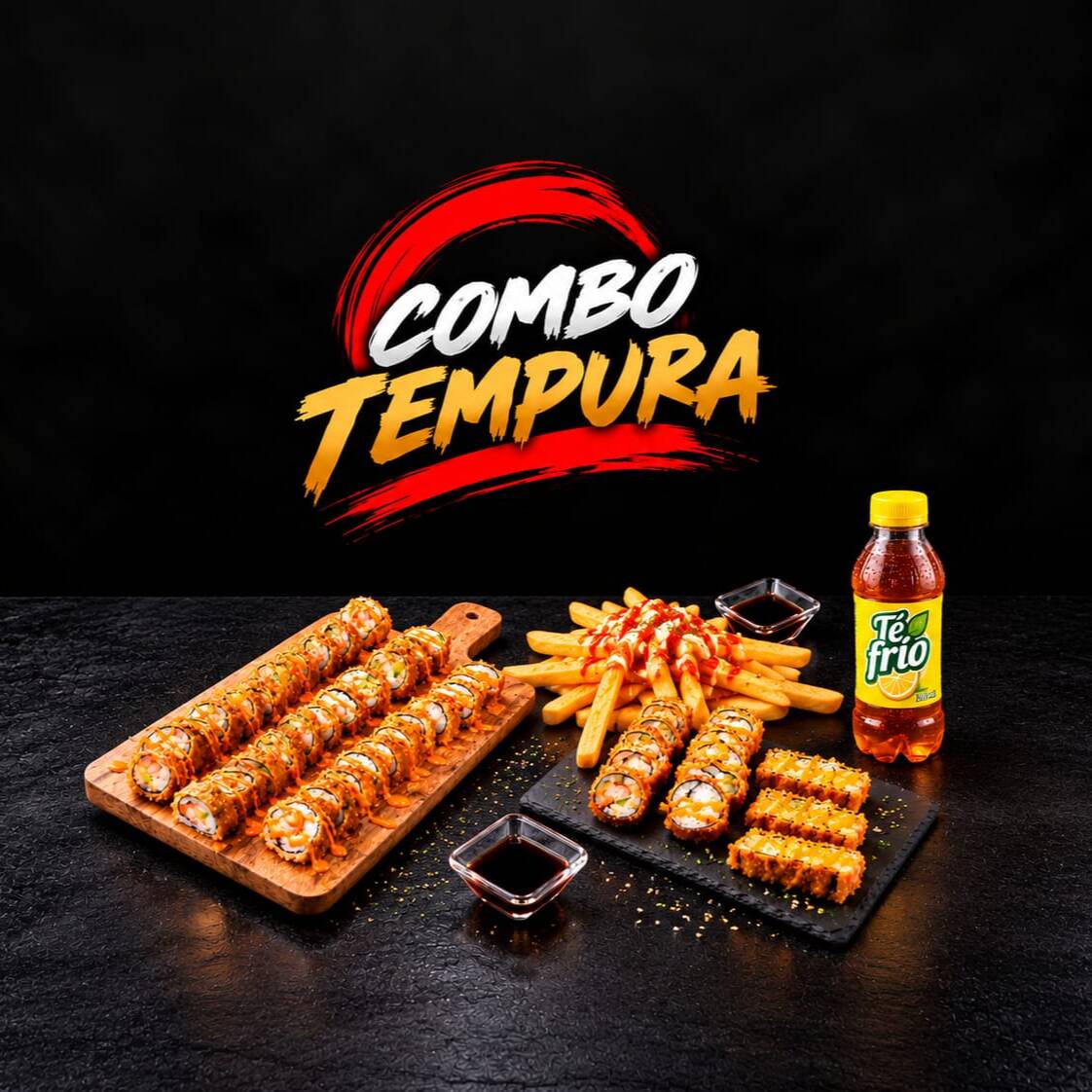 20 TEMPURAS CON QUESO CREMA + 1 BEBIDA + 2 SALSAS