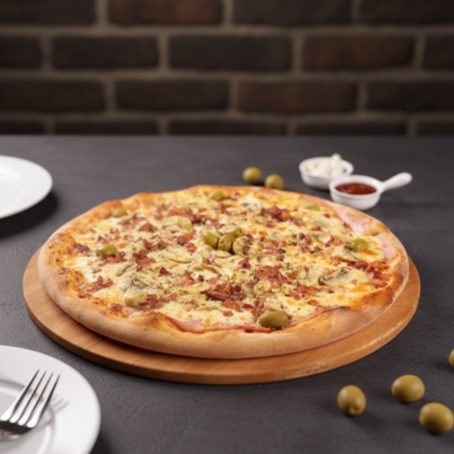 Lombo, champignon, bacon, mussarela e azeitona.