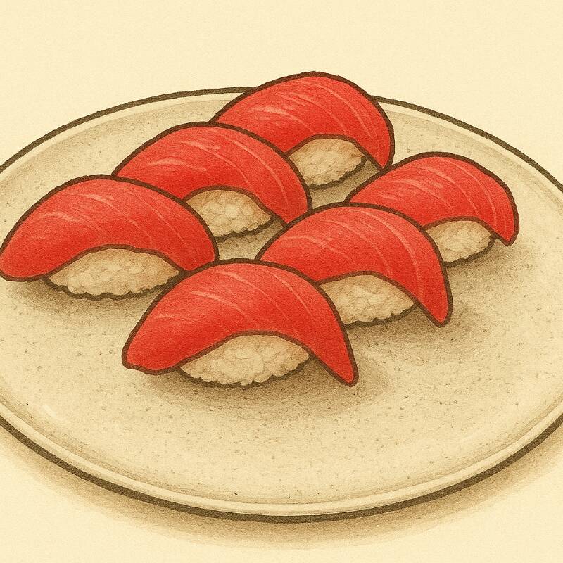 Arroz moldado coberto com fatia de atum.