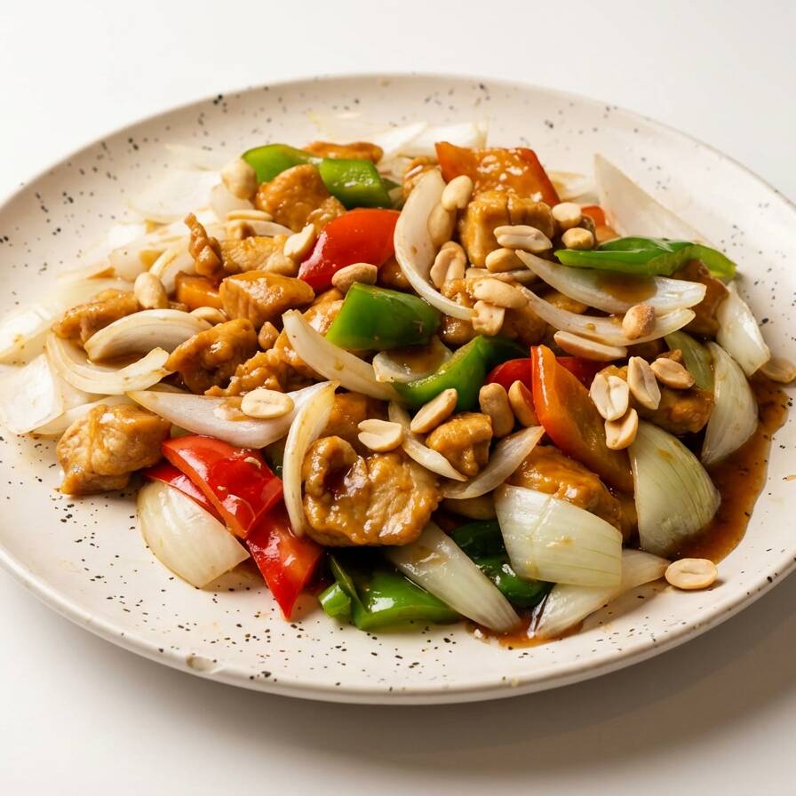 Pedaços de frango em cubos com cebola e pimentão ao molho de soja, salpicados com amendoim