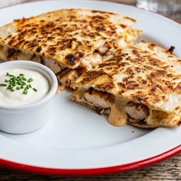 Sobrecoxa de frango marinada grelhada, queijo mussarela, sourcream, maionese de chipotle, cebola e coentro, na tortilha de trigo