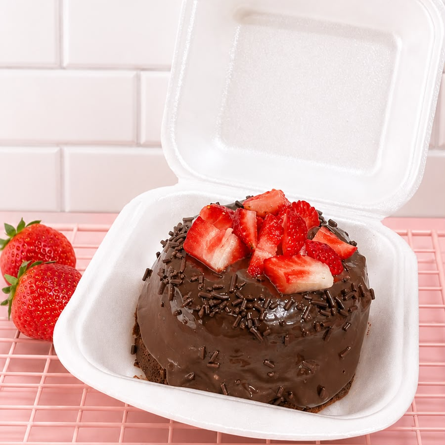 Delicioso bolo de massa chocolate, finalizado c/ cobertura de creme belga, morangos picados e granulado !