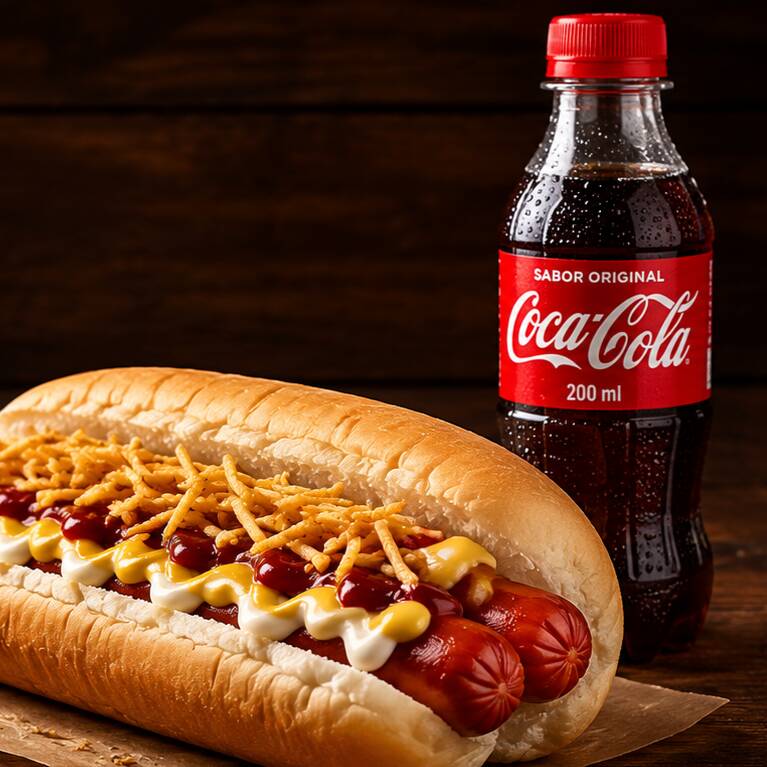 Cachorro-quente duplo com 2 salsichas, pão macio, maionese, ketchup, mostarda e batata palha crocante. Acompanha Coca-Cola Original 200ml bem gelada. Um combo completo e saboroso para sua noite. 🌙✨
