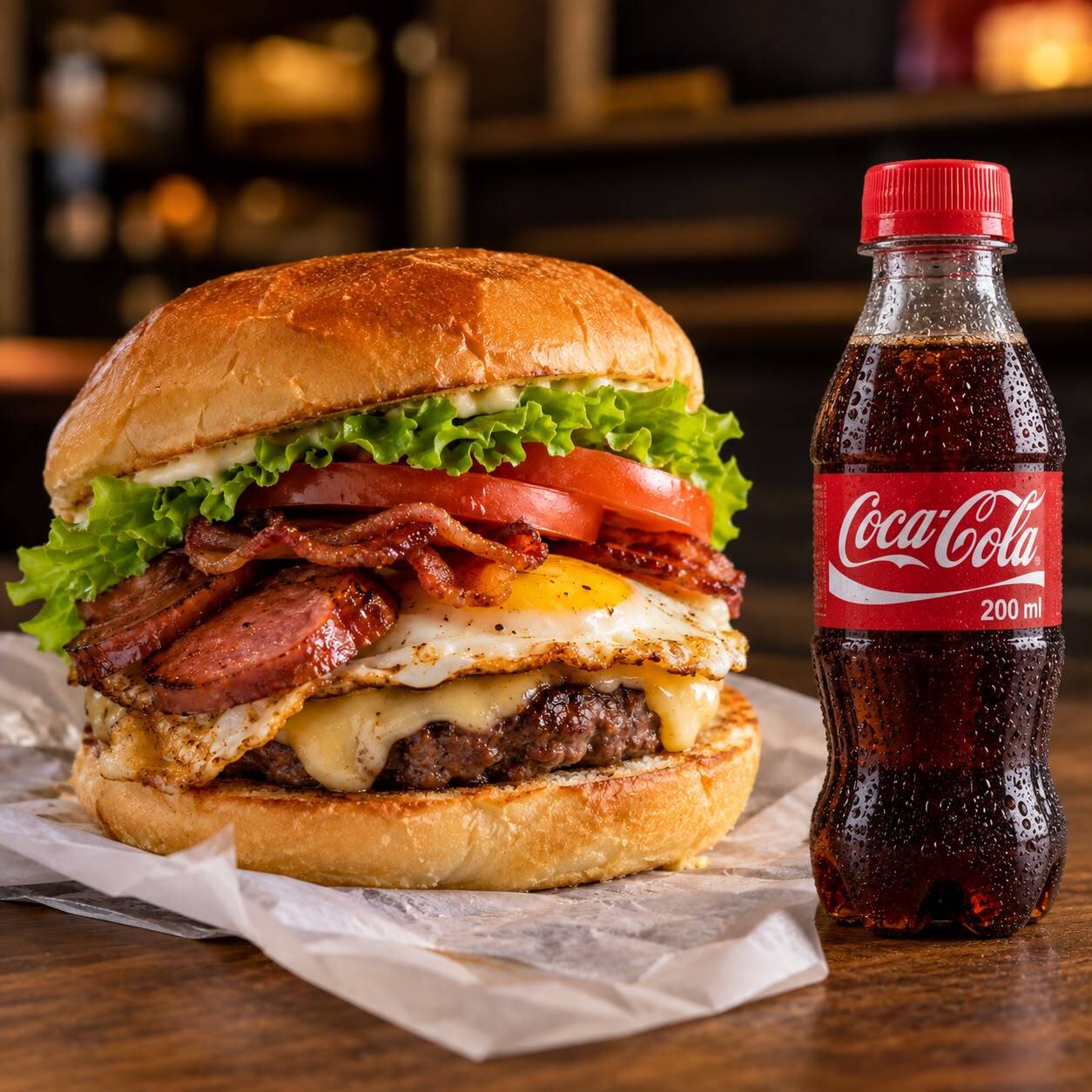 Experimente O Cheese Tudo, um Hambúrguer Completo com Queijo, alface, tomate e Bacon Crocante, servido com Uma Coca-Cola Gelada de 200 ml. Uma Combinação Perfeita para Satisfazer Sua Fome