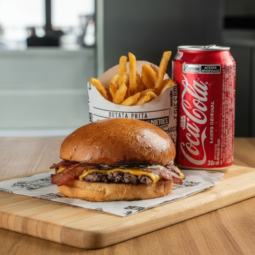Combo Smash Bacon Lovers 1 Smash Bacon ( carne artesanal de 70g, queijo, bacon, maionese Farini) Batata com cheddar e bacon