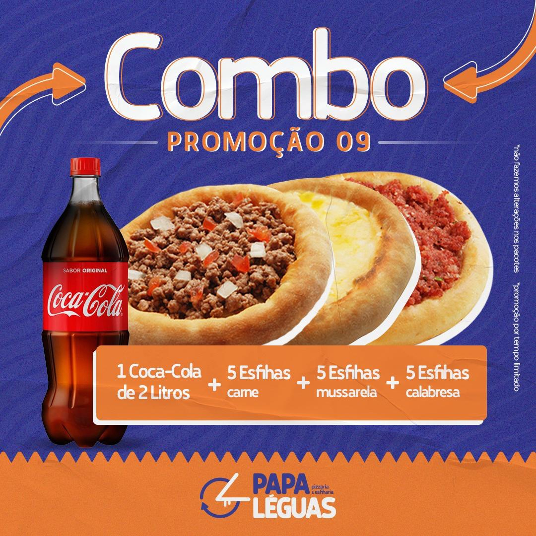 5 esfihas carne + 5 esfihas mussarela + 5 esfihas calabresa + 1 coca cola 2 litros