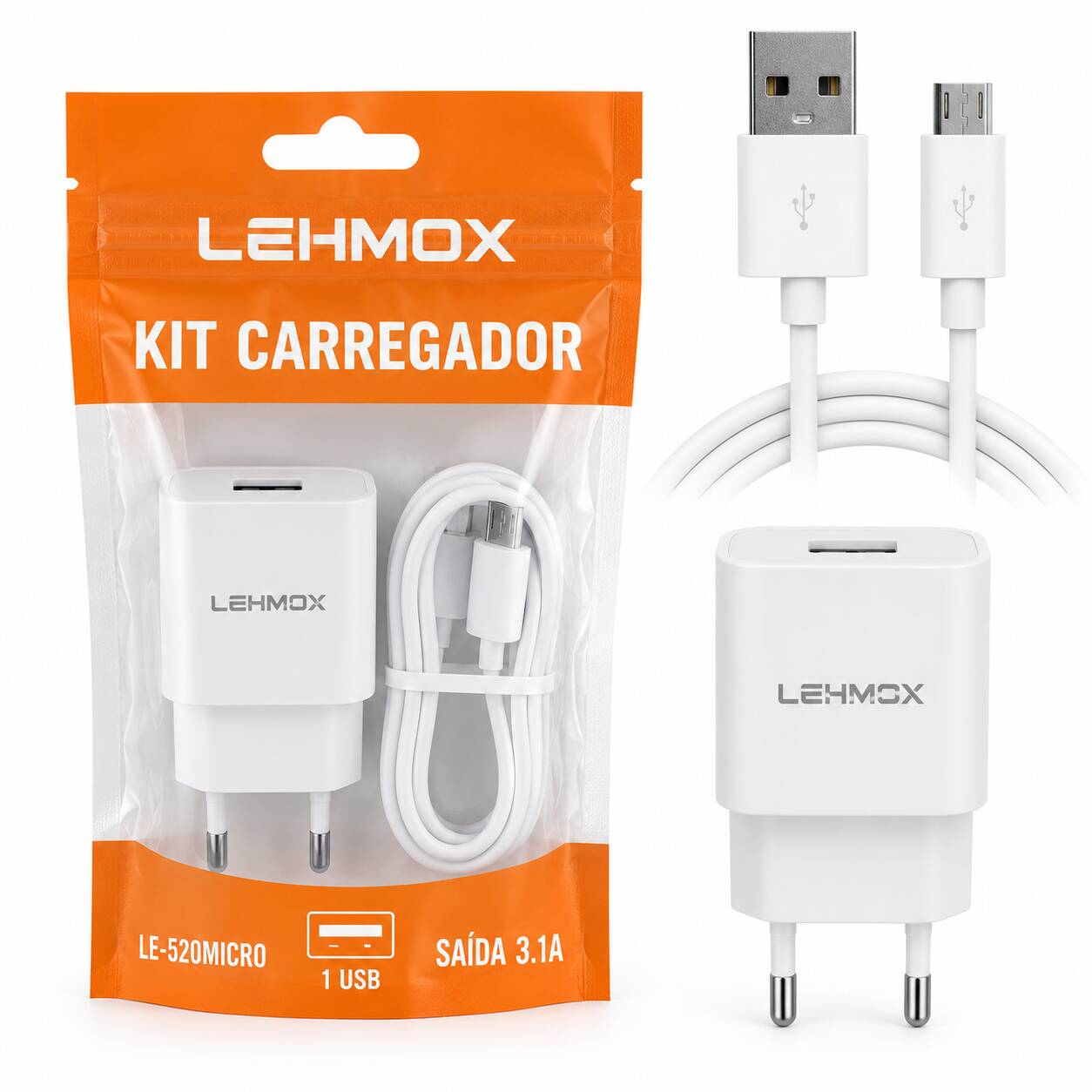 Kit completo Lehmox: 01 Adaptador de carregamento Usb/ 01 Cabo de carregamento 1m