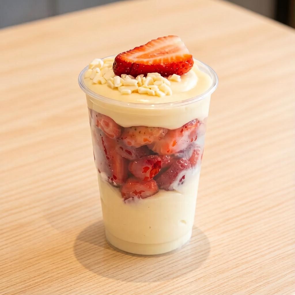 Delicioso copo da felicidade. Feito com uma generosa camada de creme de ninho, morangos frescos picados e finalizado com outra camada de creme de ninho, granulado gourmet e morango