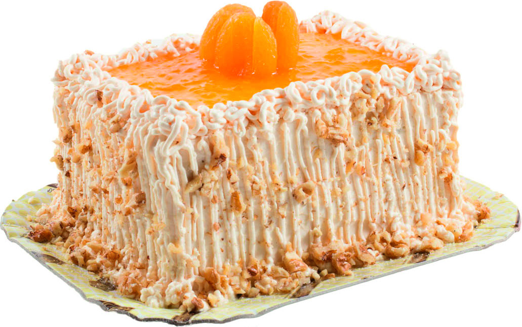 Bolo branco, recheios de mousse branca com geleia de damasco e trufas brancas com nozes, cobertura de mousse branca, calda de damasco e nozes.