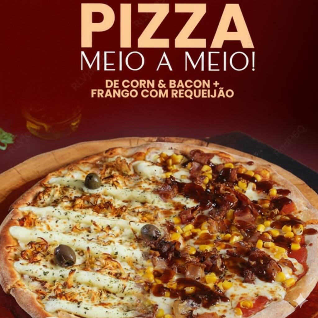 Pizza Meio A Meio grande, Metade Corn Bacon + Metade Frango com Requeijão + Guaraná Antartica 1l de R$ 83,80 por apenas R$ 59,90.
