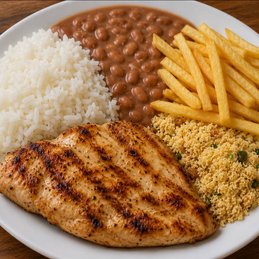 Filé de frango, Arroz, Feijão, farofa de cenoura e batata frita.