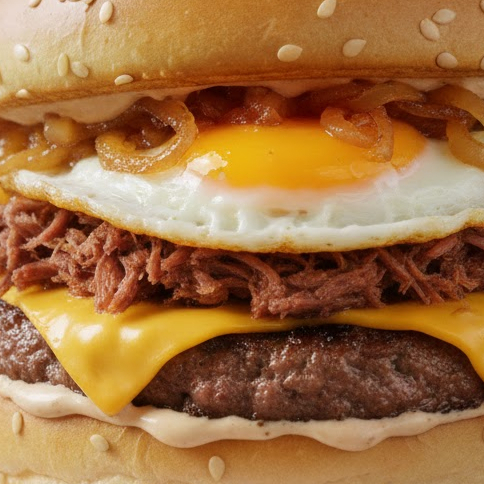 pão tradicional, 1 blend 130 g de carne , 1 ovo,1 fatia de queijo cheddar ,50 g de carne de sol, cebola caramelizada e molho