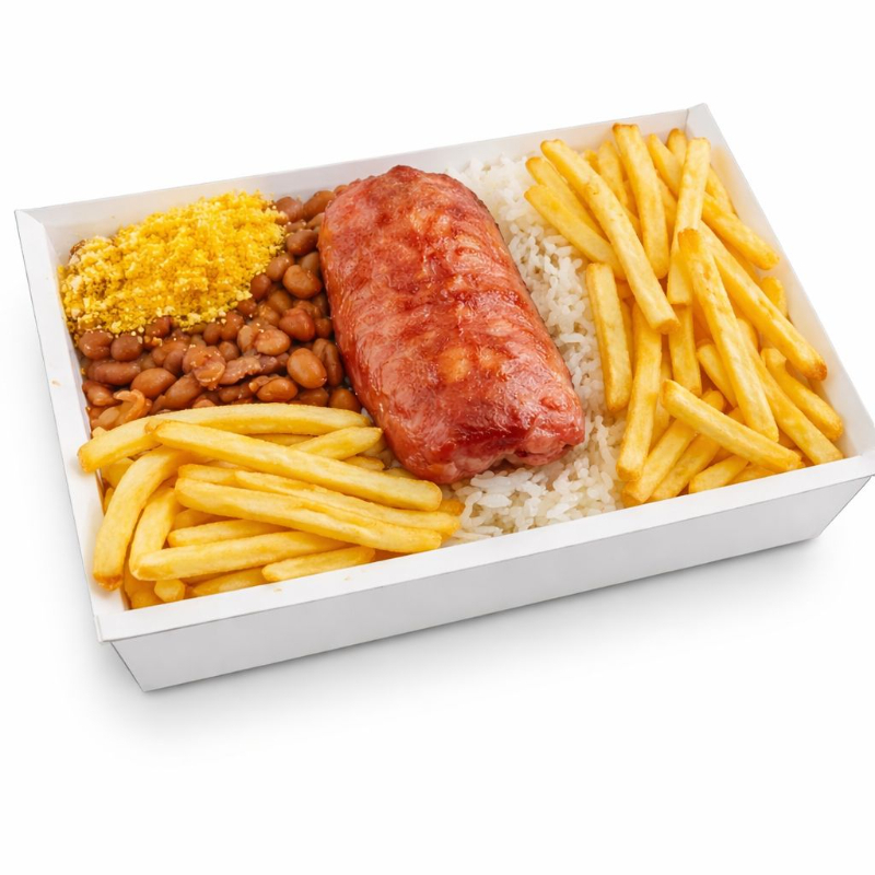 Uma combinação irresistível que lembra comida de casa! Nossa linguiça toscana suculenta, bem dourada e cheia de sabor, é servida sobre arroz branco soltinho, acompanhada de feijão bem temperado, farofa crocante na medida certa e batata frita dourada e sequinha. Cada item é preparado com cuidado para entregar uma refeição farta, saborosa e extremamente satisfatória, perfeita para matar a fome de verdade. Ideal para quem busca qualidade, sabor e aquele gostinho de almoço caprichado. aprox 500g