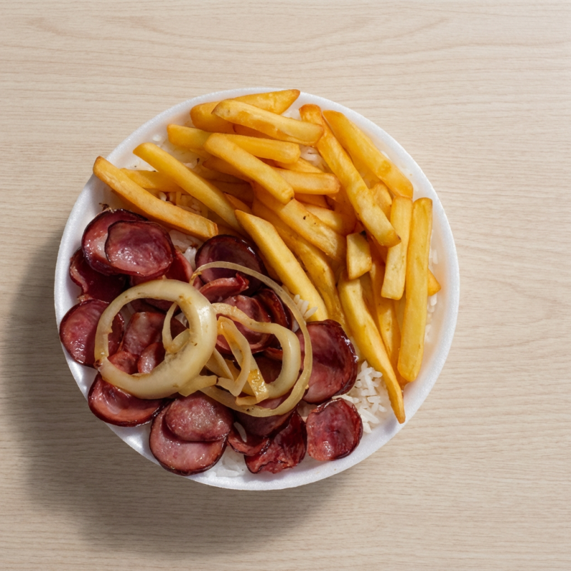 Acompanha arroz, feijão e fritas. Marmitex de 550g para 1 pessoa.