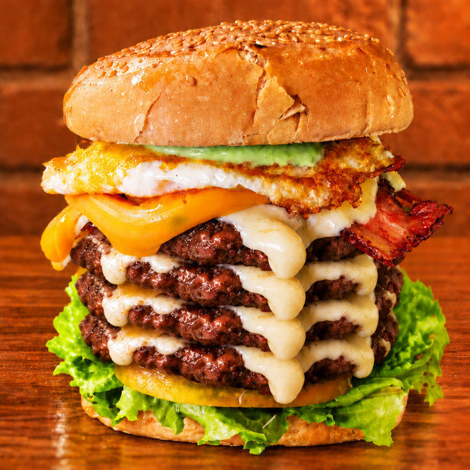 Pão com quatro burguers artesanais 60g, com 1 ovo e bacon crocante. Uma combinação caprichada, com muito sabor e uma dose generosa de carne para encarar aquela fome!