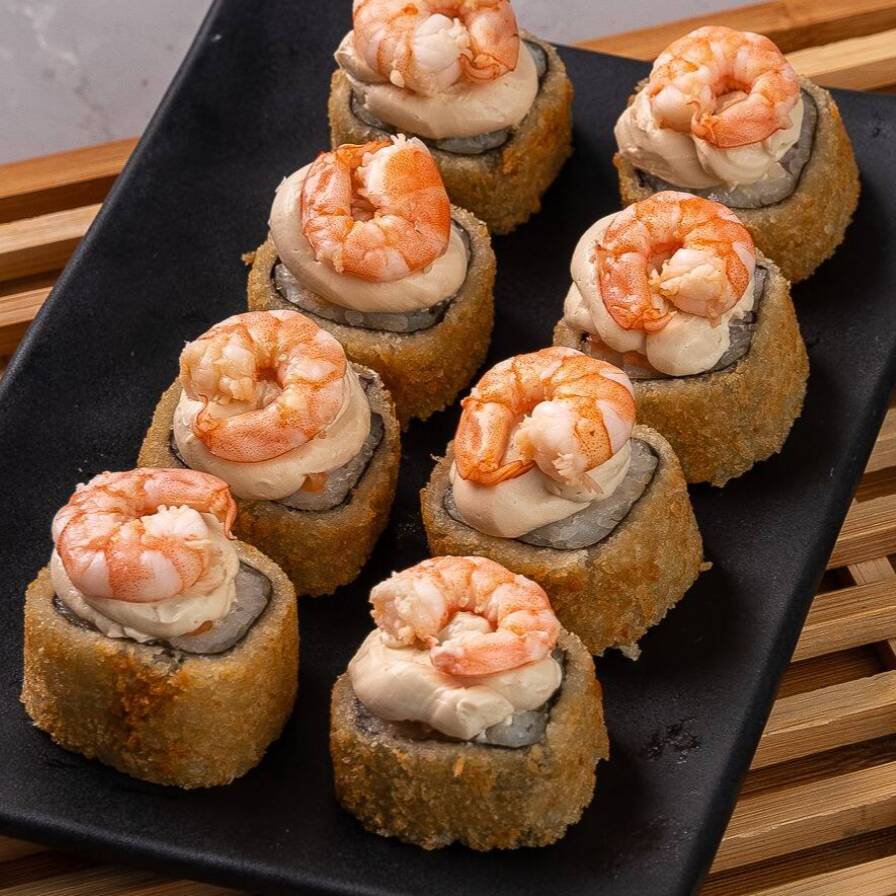 Roll crocante de kani, misturinha (teriyaki com cream cheese) e camarão (8und).