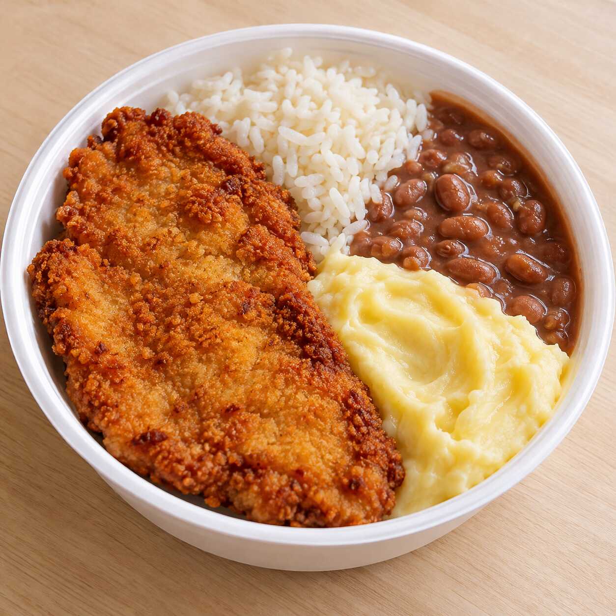 Filé de frango milanesa, suculento e bem temperado, servido com arroz, feijão caldo, batata frita e guarnições que completam um prato caseiro e cheio de sabor.