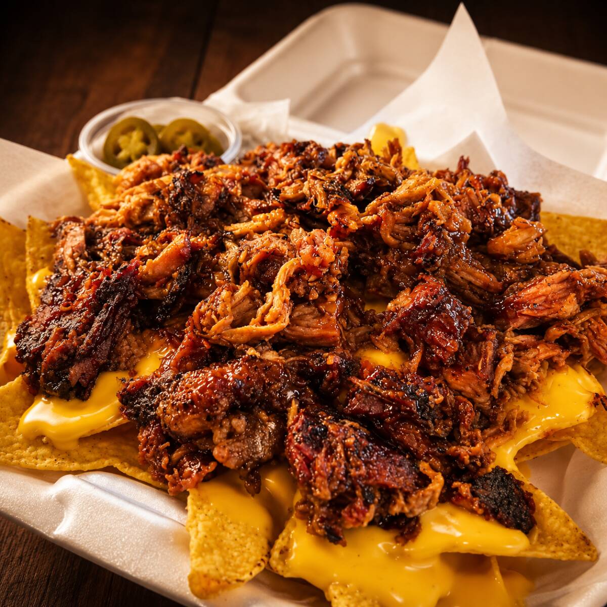 NACHOS CARGADOS CON PULLED PORK