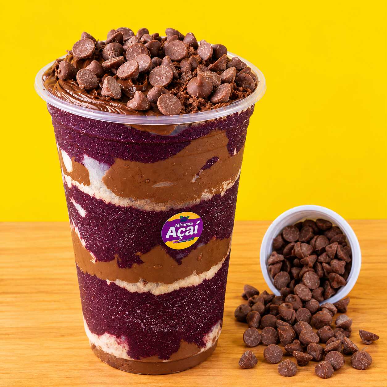 Açaí premium, creme de avelã, ovomaltine e gotas de chocolate.