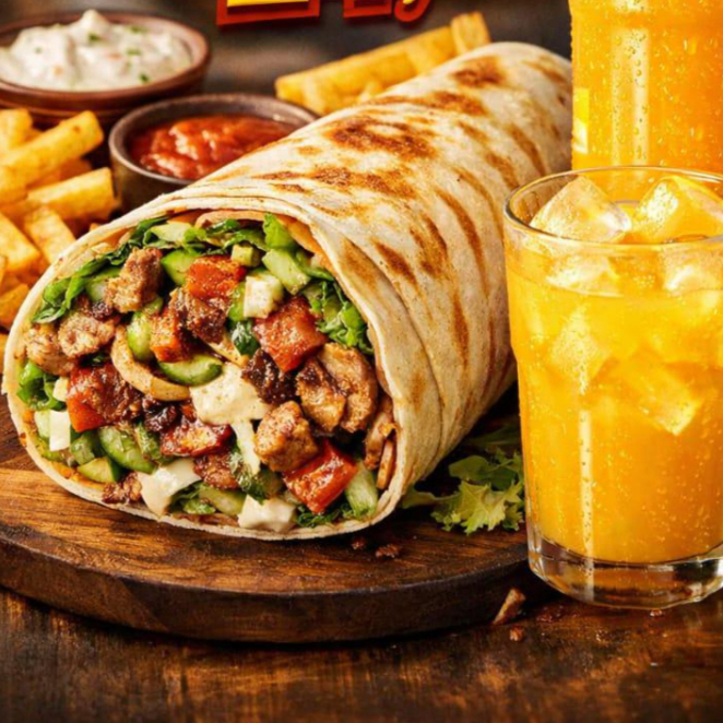 Shawarma simples frango, al,tomate, molho da casa suco de 300ml