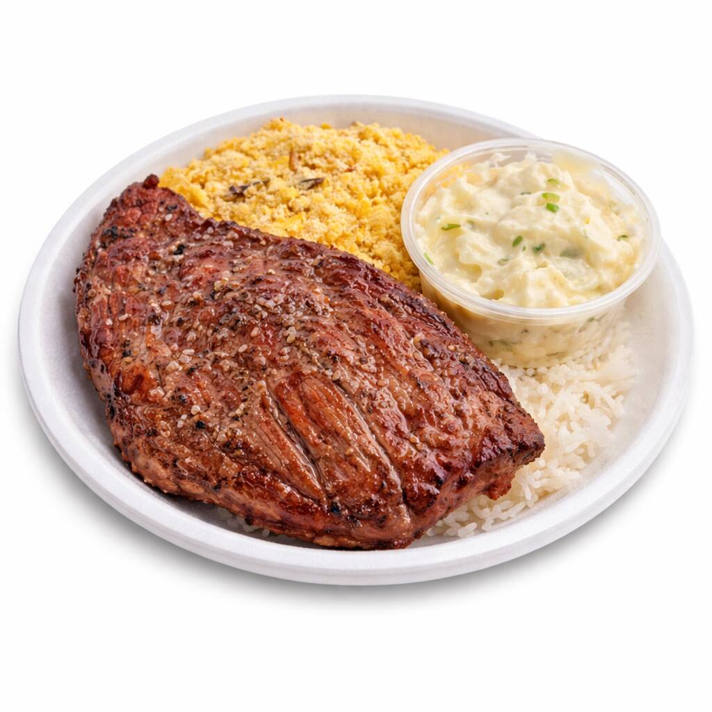 Se delicie com picanha, arroz, uma batatonese incrível da casa.