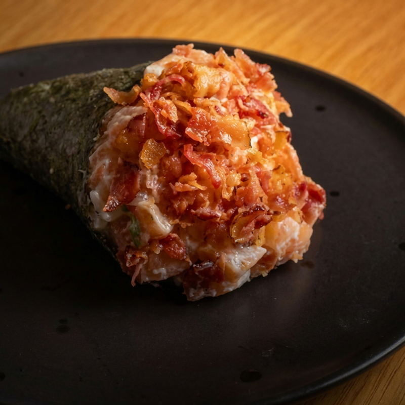 Temaki recheado com salmão fresco em cubos, cream cheese cremoso e bacon crocante, cebolinha , envolvido no tradicional arroz japonês e alga nori.
Uma combinação ousada, equilibrando cremosidade, sabor intenso e crocância — perfeito para quem gosta de sair do comum.