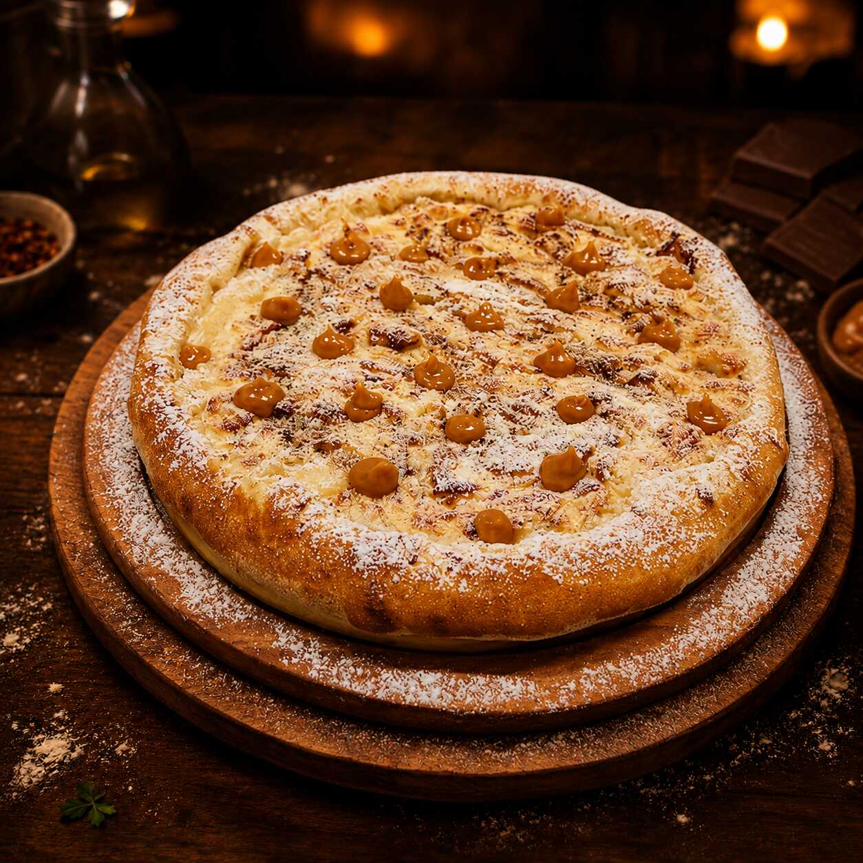 Massa artesanal da casa, muito queijo mussarela derretido, banana fatiada, doce de leite, chocolate branco, Leite Ninho polvilhado e toque de canela, criando uma combinação cremosa, aromática e bastante convidativa.