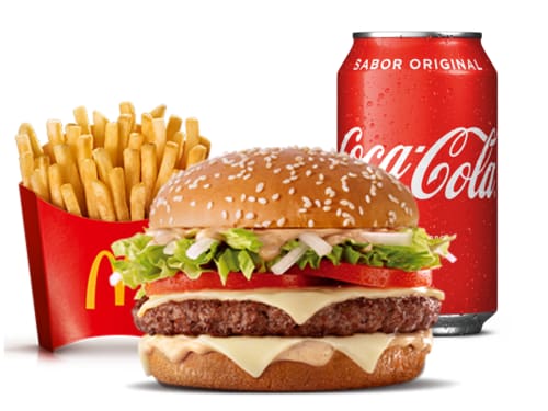 Composto por um hambúrguer de carne 100% bovina, o icônico molho tasty, queijo processado sabor emental, tomate, alface, cebola, tudo isso no pão com gergelim, acompanhamento e bebida