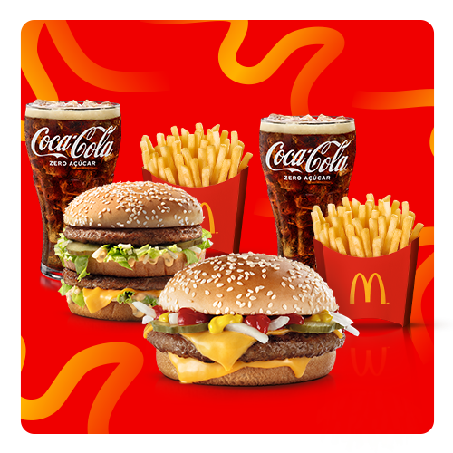 São 2 McOfertas Médias Clássicas para você compartilhar com quem preferir #Méquinosofá. Escolha 2 (dois) sanduíches entre as opções: Big Mac, Cheddar McMelt, Quarterão com Queijo, McChicken, McChicken Bacon, Duplo Burger com Queijo, Duplo Burger Bacon McNífico Bacon, Duplo Quarterão e Duplo Cheddar, 2 (duas) McFritas Médias e 2 (duas) Bebidas.