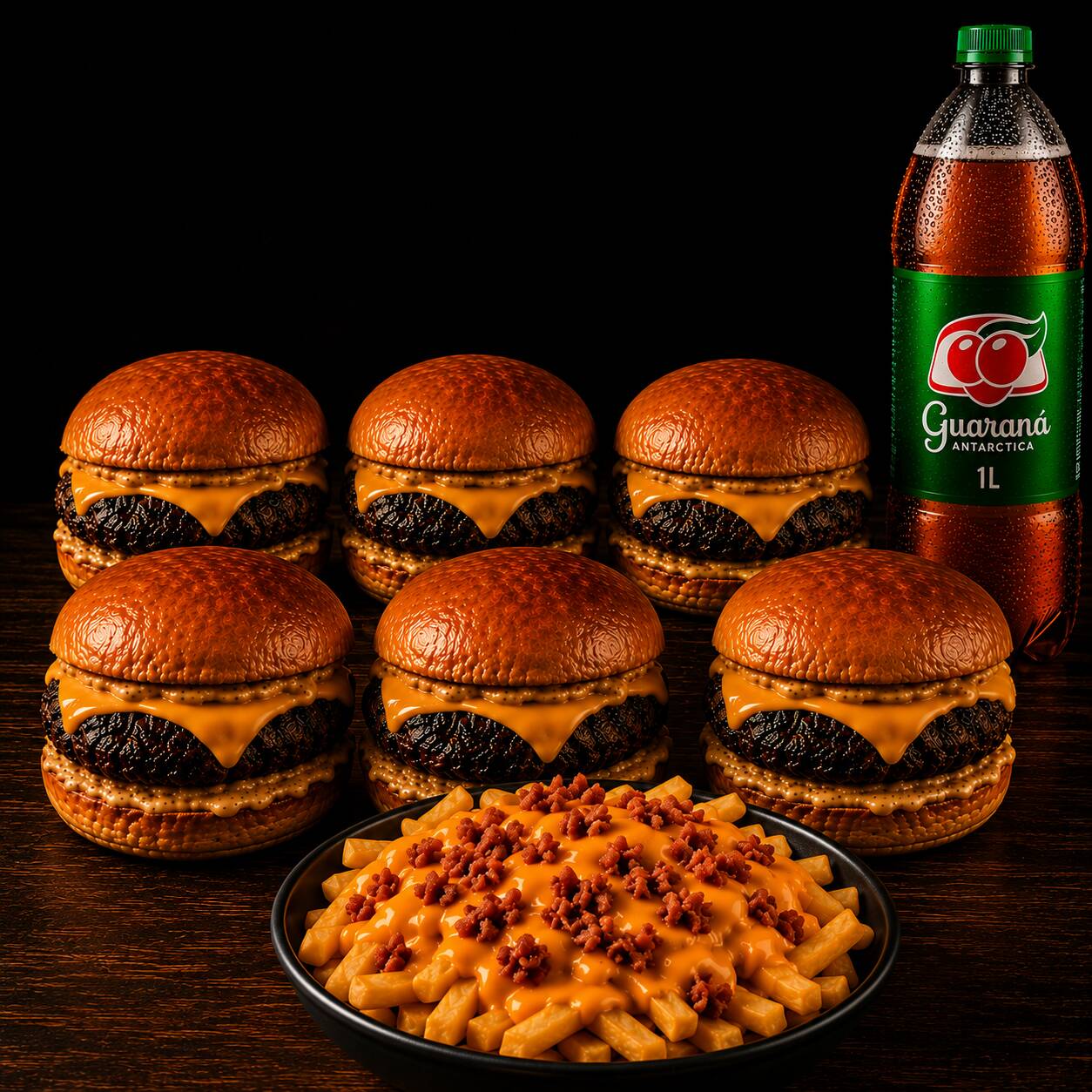 6 Lanches Express Burguer (Pão Gergelim, carne, queijo e maionese da casa.) - 1 batata cheddar e bacon + 1 Guaraná 1L