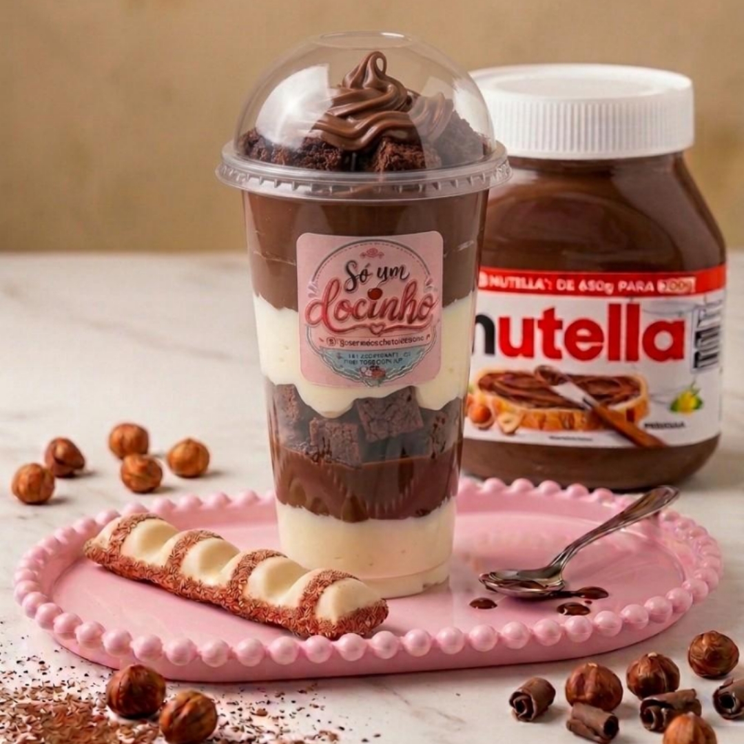 Uma verdadeira experiência! Copo de 250 ml com camadas intercaladas de pedaços de brownie , creme feito com avela, e famoso recheio de Kinder Bueno original.