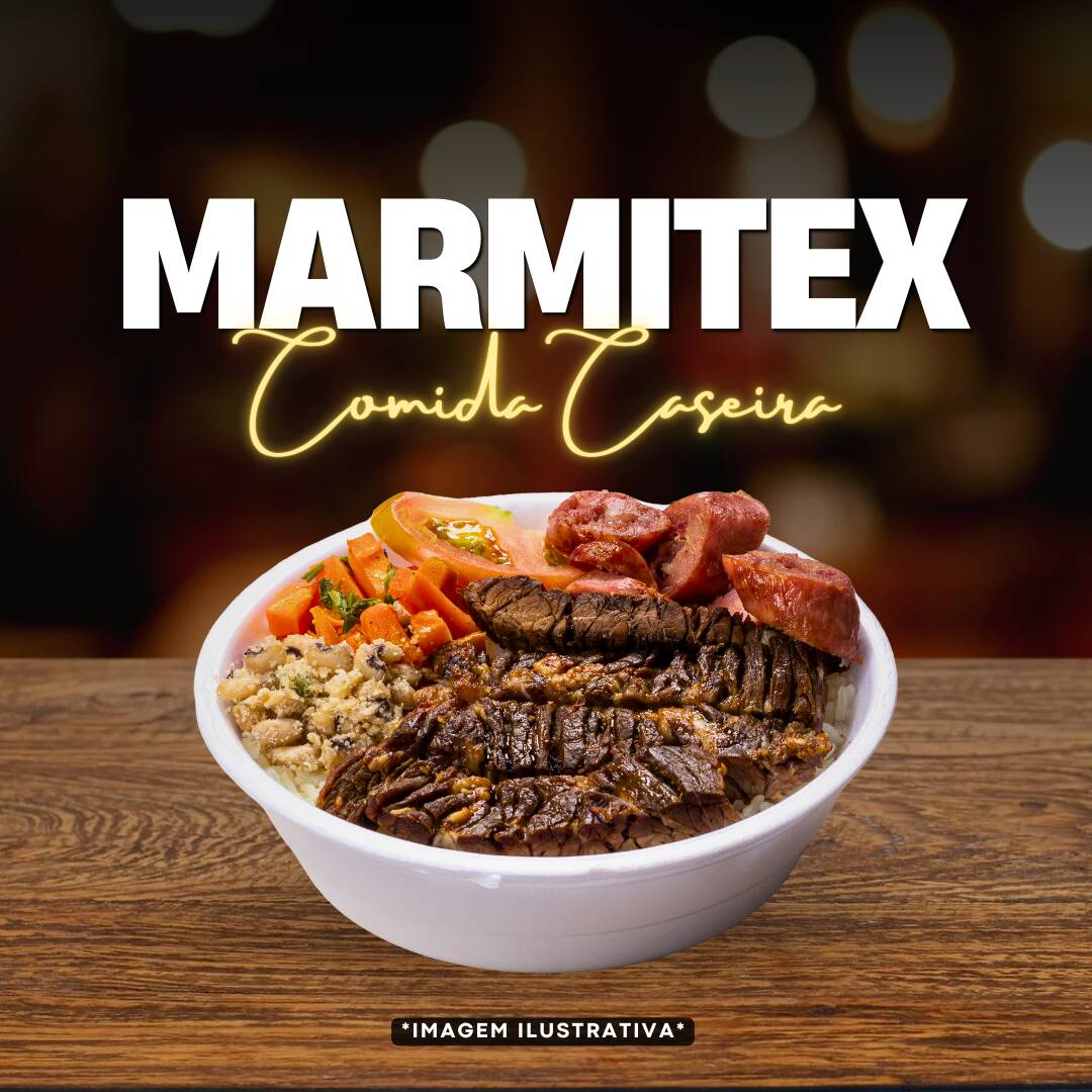 Uma Deliciosa marmita feita com Arroz soltinho, Feijão, Macarrão alho e oleo, Farofa & Bolinho de arroz. Acompanhado de Bife.