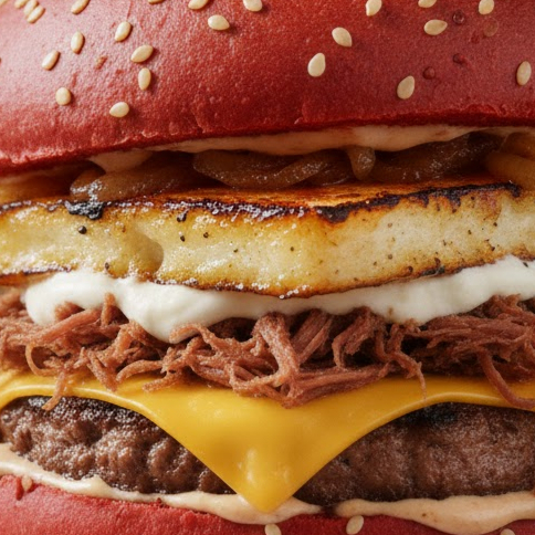 pão red, 1 belnd de 130 g de carne, 1 fatia queijo cheddar,1 fatia de queijo coalho massaricado,catupiry, 50 g de charque desfiada cebola caramelizada e molho.