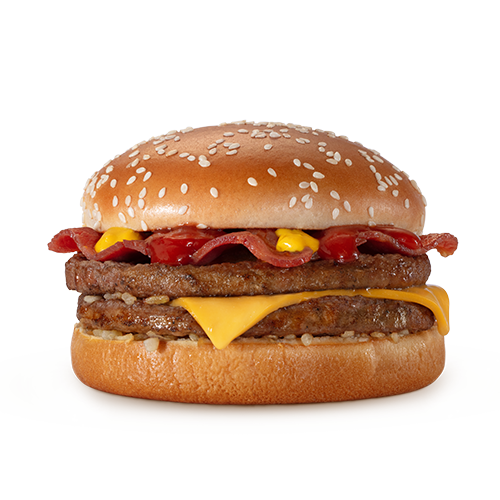 Dois hambúrgueres (100% carne bovina), queijo cheddar, cebola, fatias de bacon, ketchup, mostarda e pão com gergelim