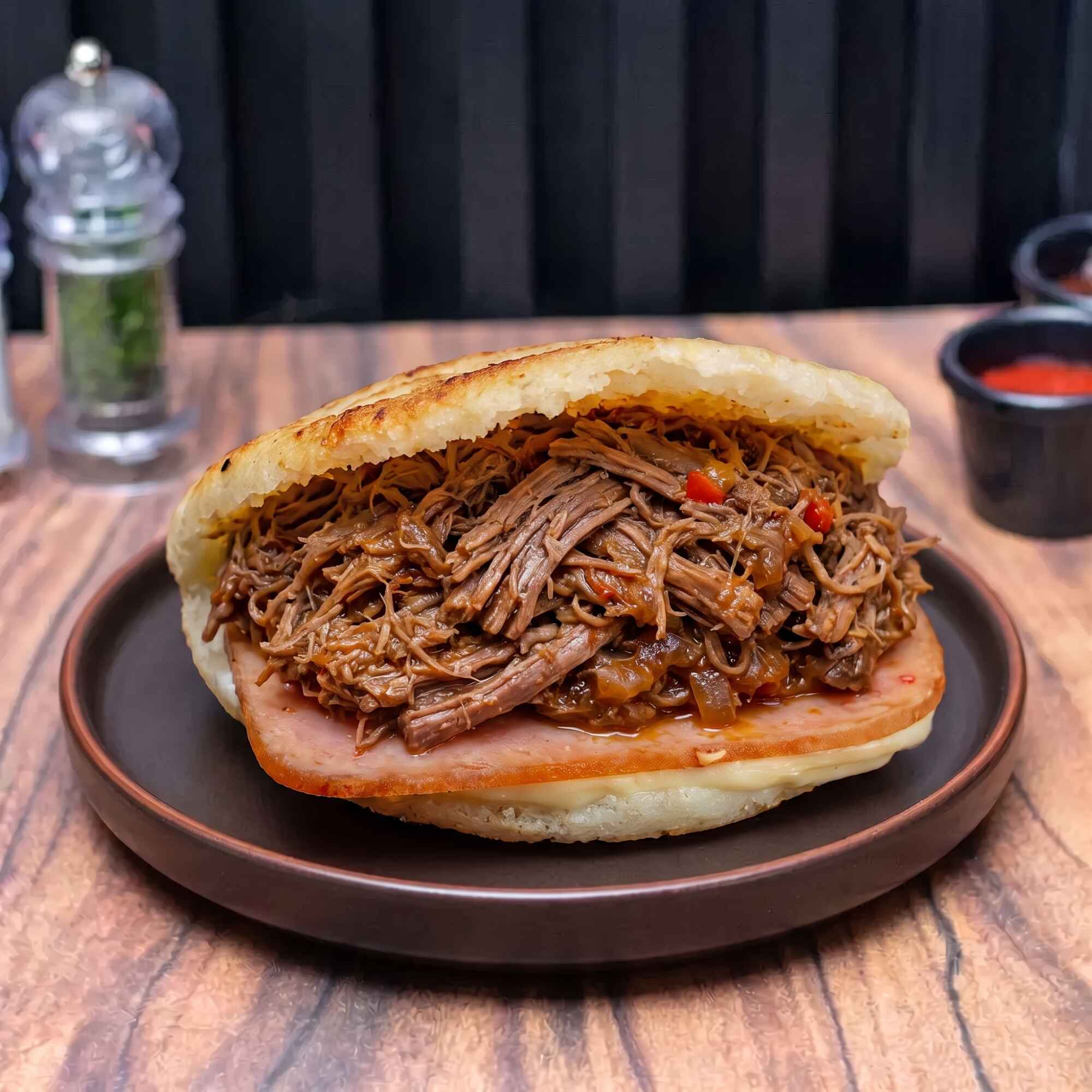 Arepa con Jamón, Queso, Carne de Res