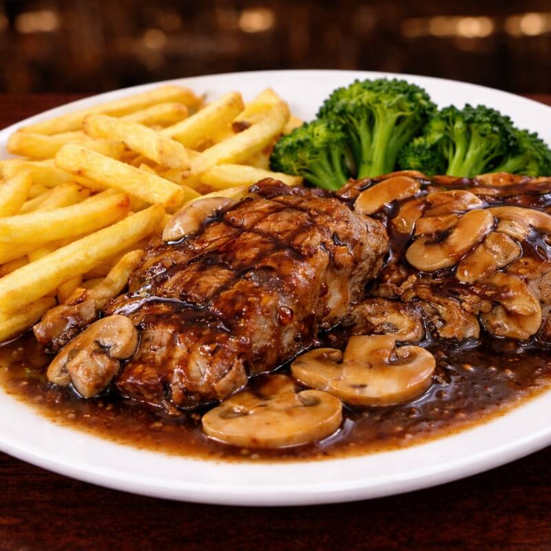 Filé mignon suculento, grelhado no ponto perfeito, servido com arroz soltinho, fritas crocantes e brócolis frescos. Finalizado com molho madeira encorpado, aromático e irresistível, que transforma cada garfada em puro prazer!