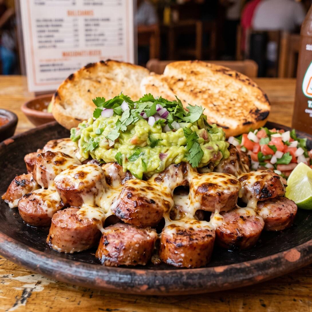 Salchicha Asada con Queso Gratinado y Guacamole