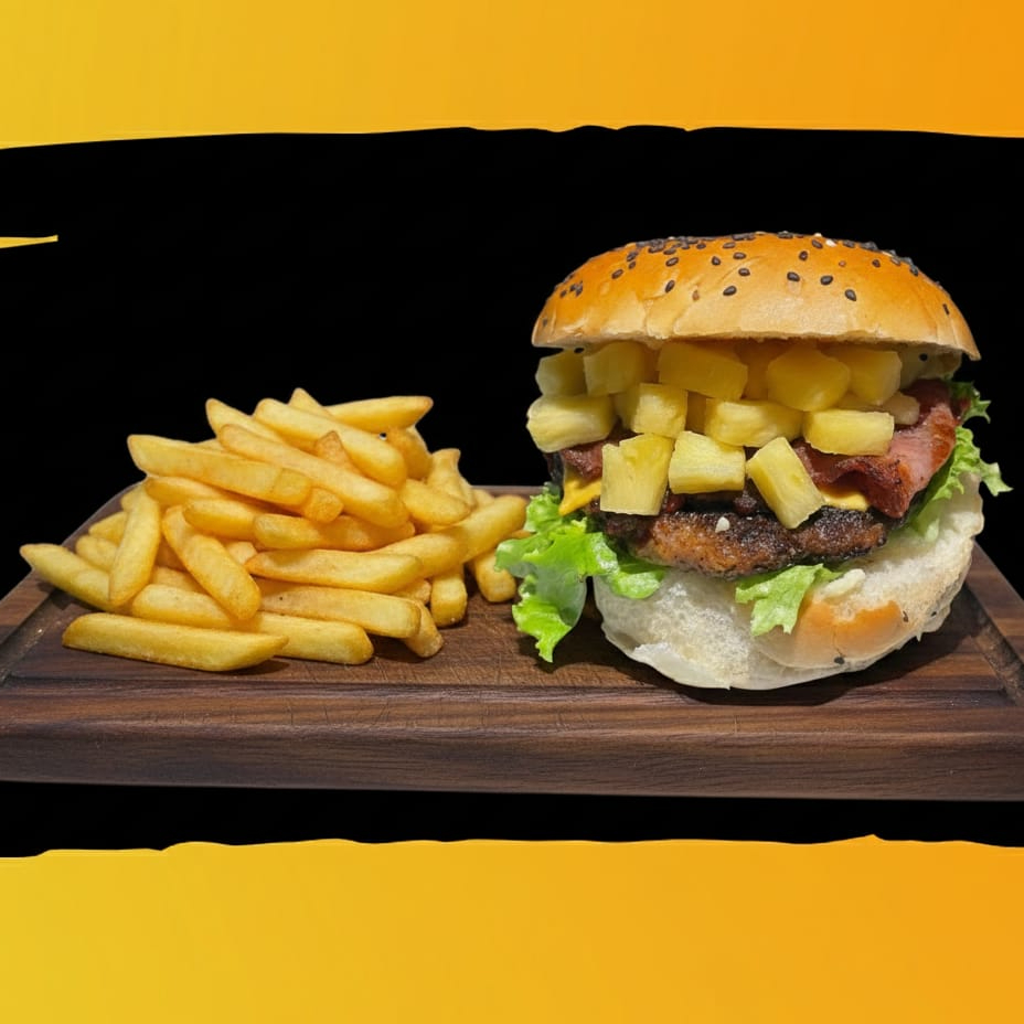 Burger Bacon hawaiana con papas