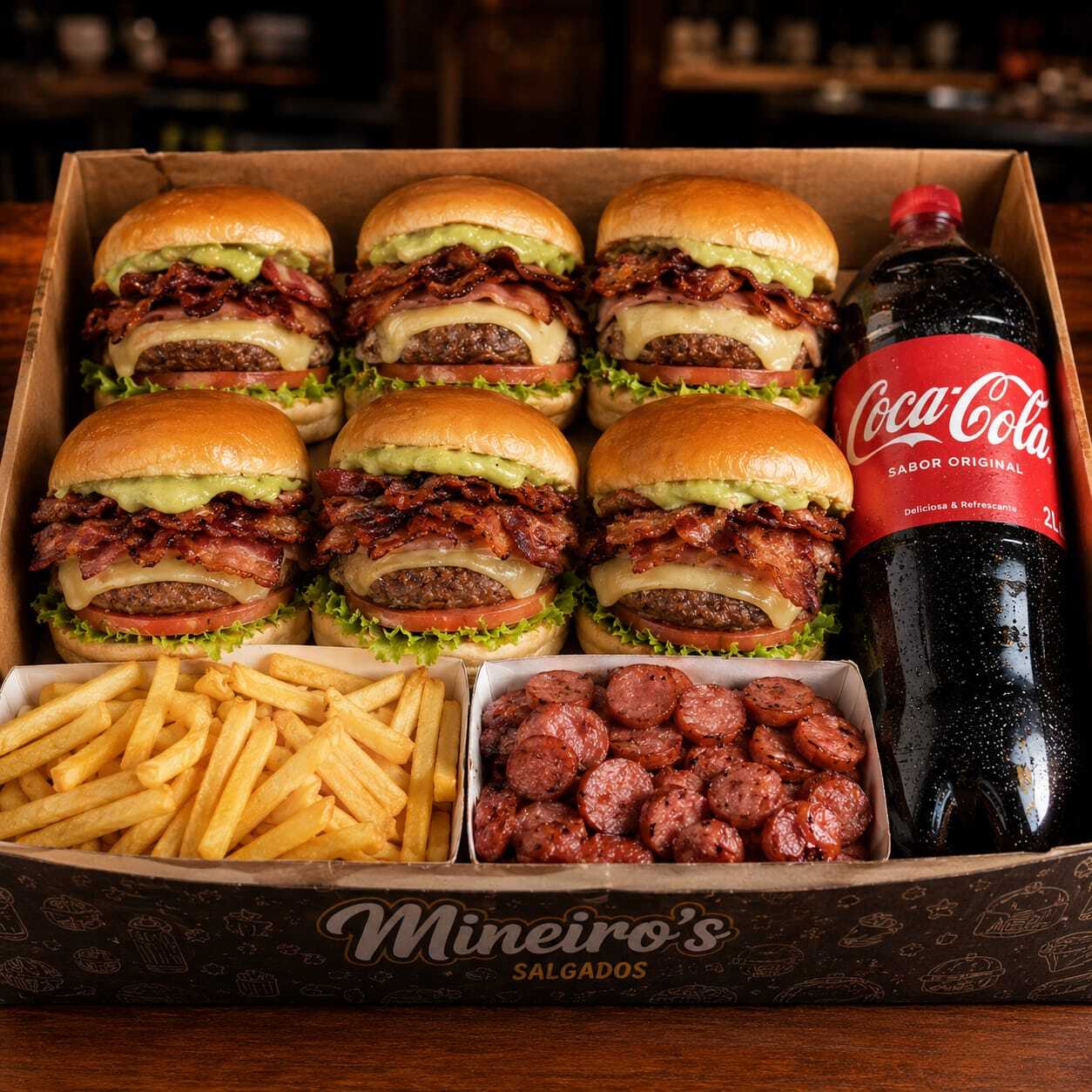 Composto por 6 deliciosos X-Bacon, 1 porção de fritas, 1 porção de calabreza, 1 potinho de molho da casa com 100ml e 1 coca-cola 2lts pra você e toda galera se deliciarem