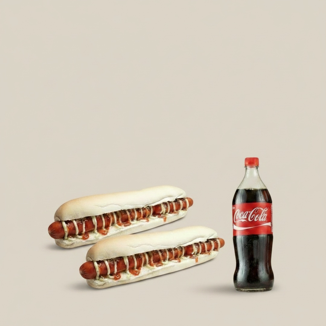 Combo com 2 Dogões Tradicionais com Pão 30cm, duas salsichas, ketchup, mostarda, maionese temperada, queijo ralado, batata palha, molho brutos. Acompanhado com um Refrigerante de 1l.