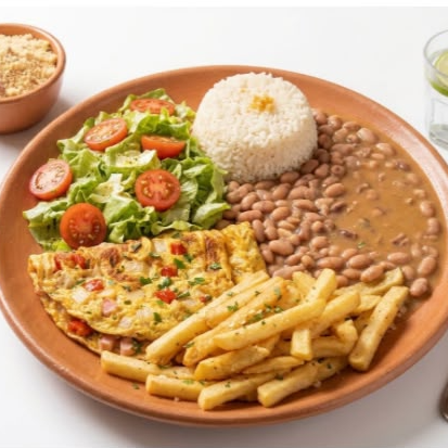 Omelete macia recheada, servida com arroz, feijao, alface e tomate, batata frita