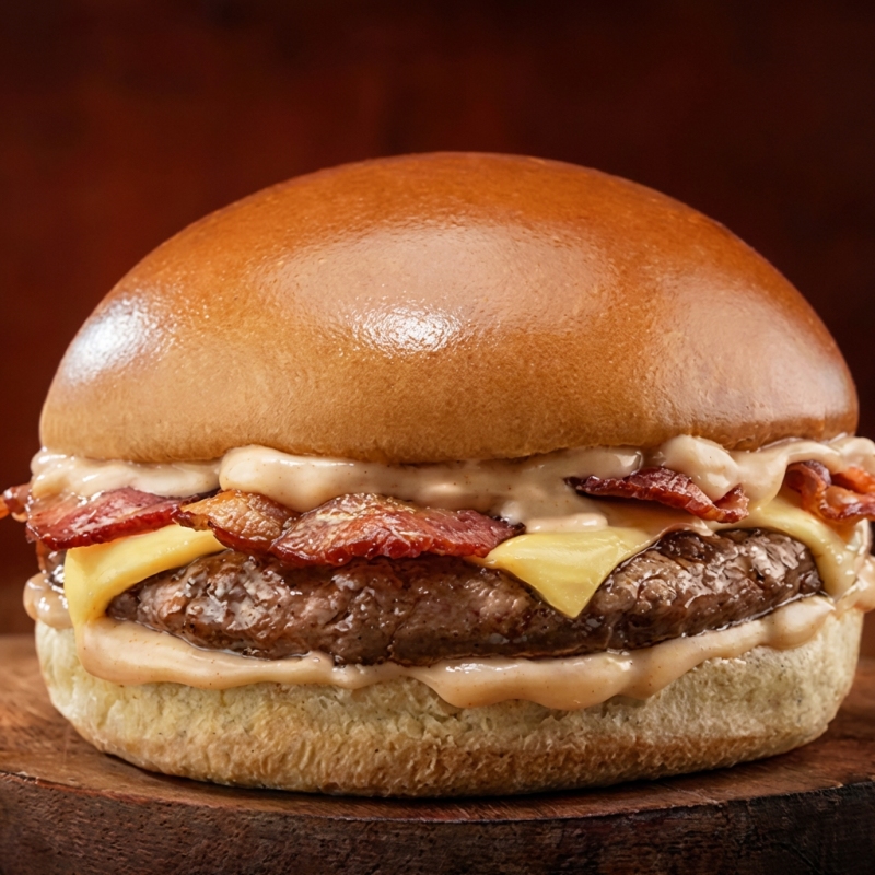 Pão na chapa, bacon crocante, burger de 160g, queijo, maionese de páprica.