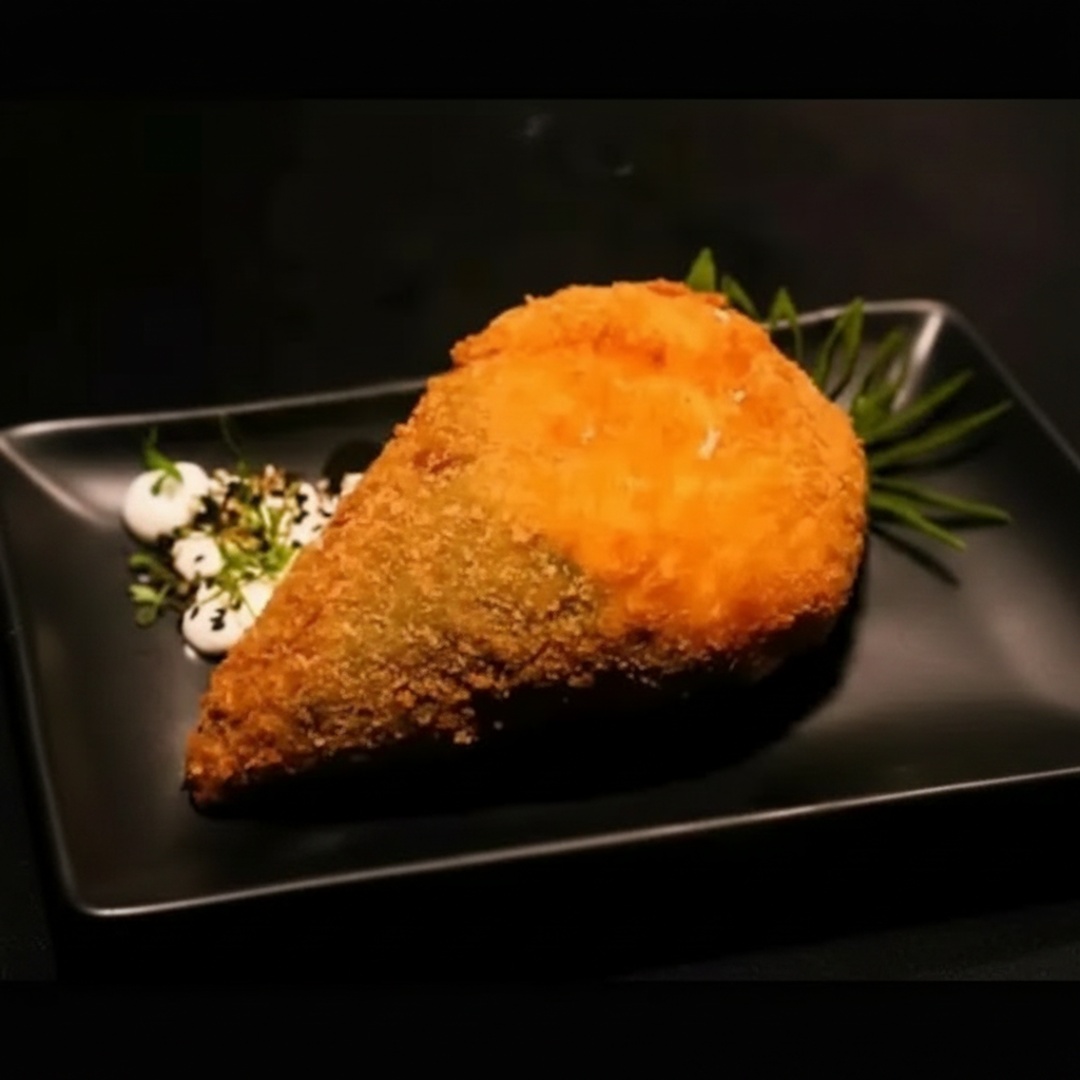 Temaki de salmão, cream cheese com alga nori empanada e frita. Servido quente.