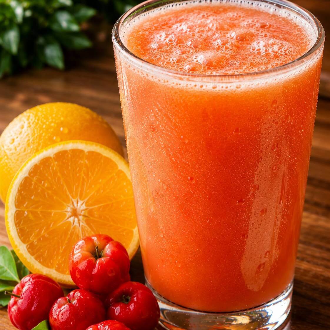 Acidez da acerola encontra o sabor cítrico da laranja em uma mistura vibrante e refrescante.