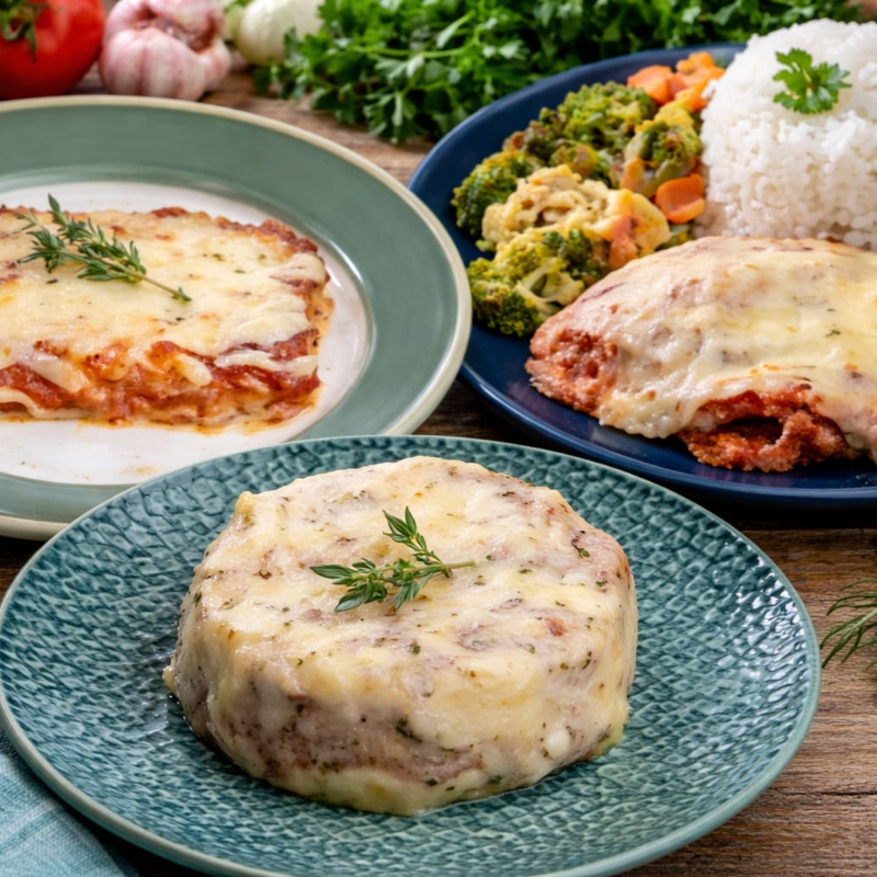 Combo 3 marmitas tradicional 350g congelada. Madalena:Batata, carne bovina, cebola, sal, alho, salsa, pimenta, leite, mussarela e azeitona. Lasanha de queijo e presunto ao sugo: Tomate, cebola, alho, manjericão, orégano, salsinha, sal rosa, pimenta do reino, massa de lasanha, presunto e mussarela. Bife a parmegiana, arroz branco e legumes: arroz branco, abobrinha, cenoura, brócolis, couve flor, vagem, salsinha, bife de alcatra, farinha de rosca, ovos, tomate, cebola, alho, ervas, extrato de tomate, sal, pimenta, mussarela e parmesão.