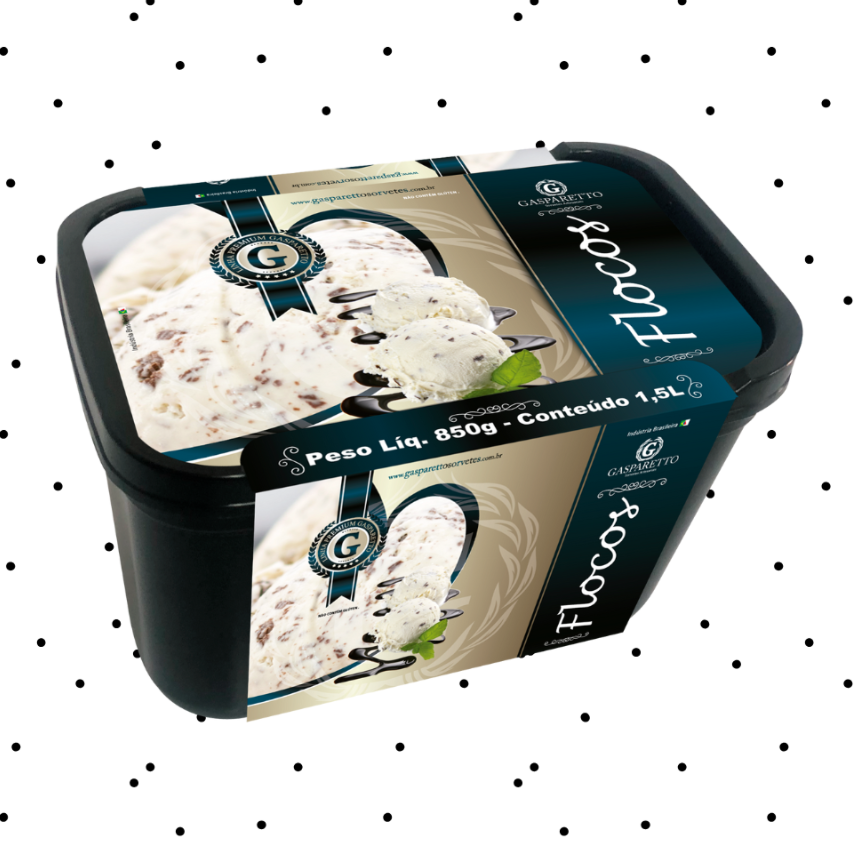 Sorvete artesanal Gasparetto sabor leite com flocos de chocolate. Pote 1,5L.