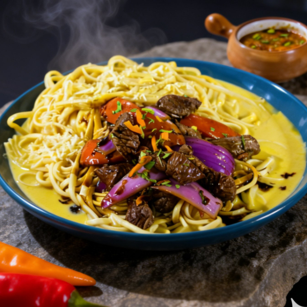 Fetuccini a la Huancaína con Lomo Saltado