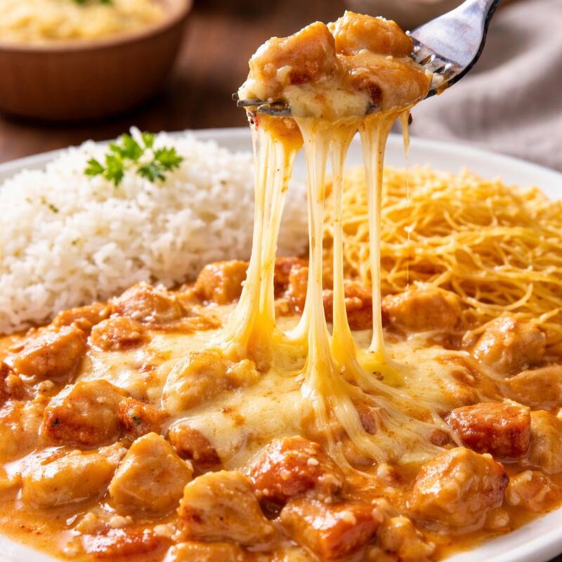 Marmita de strogonoff de frango com uma camada generosa de queijo mussarela acompanhado de arroz branco e batata palha.